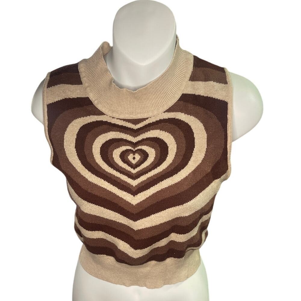 Cider Heart Wave Brown Beige Sleeveless Round Neck Cropped Sweater Top Size Lg